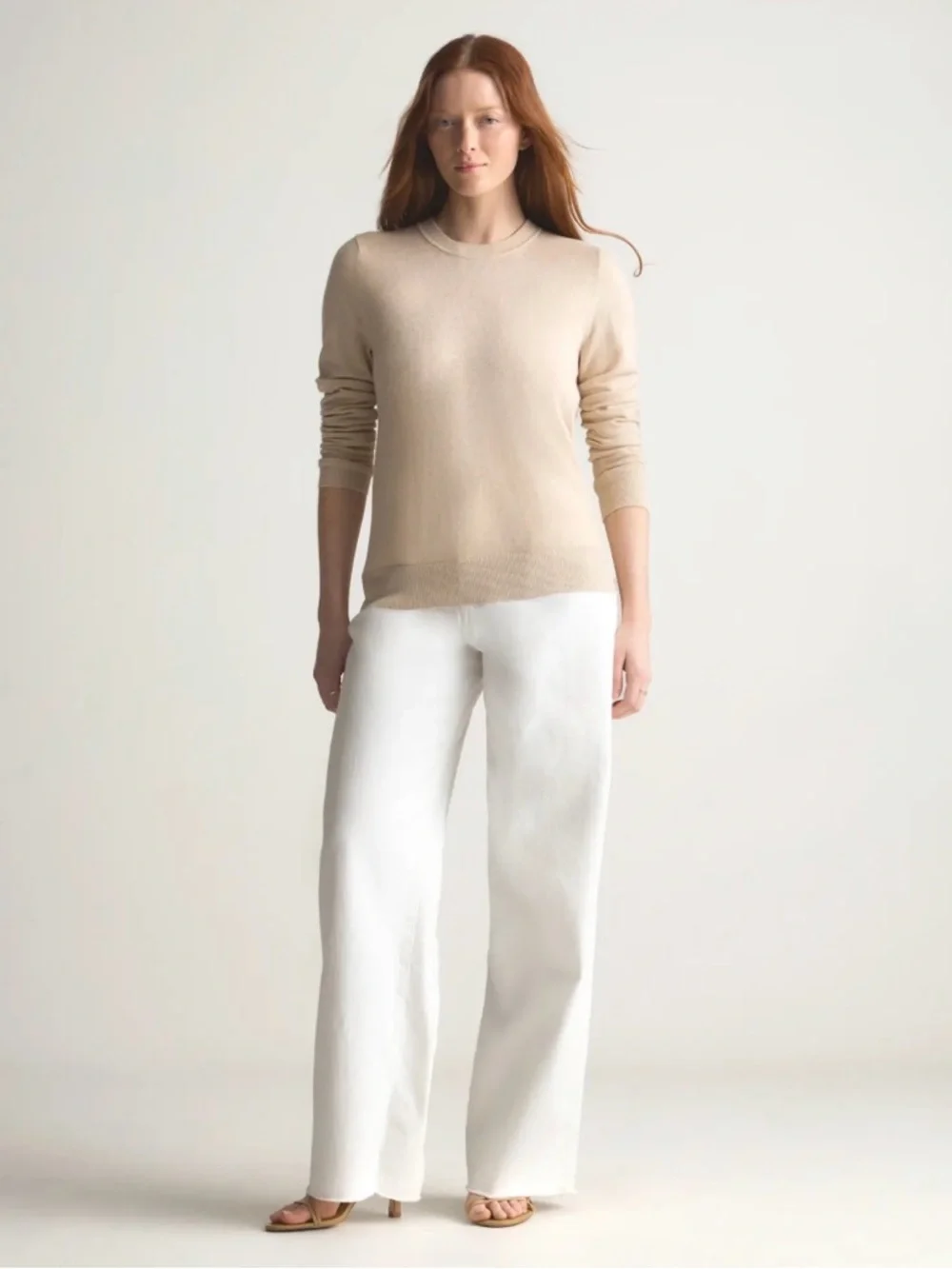 Quince Lightweight Cotton Cashmere Crew Sweater Heather Oatmeal Medium - Picture 2 of 8